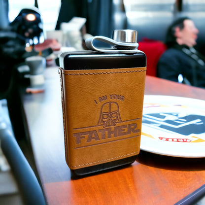 8OZ Custom Personalized Steel Fancy Hip Flask, Leather Sleeve, Matte Black