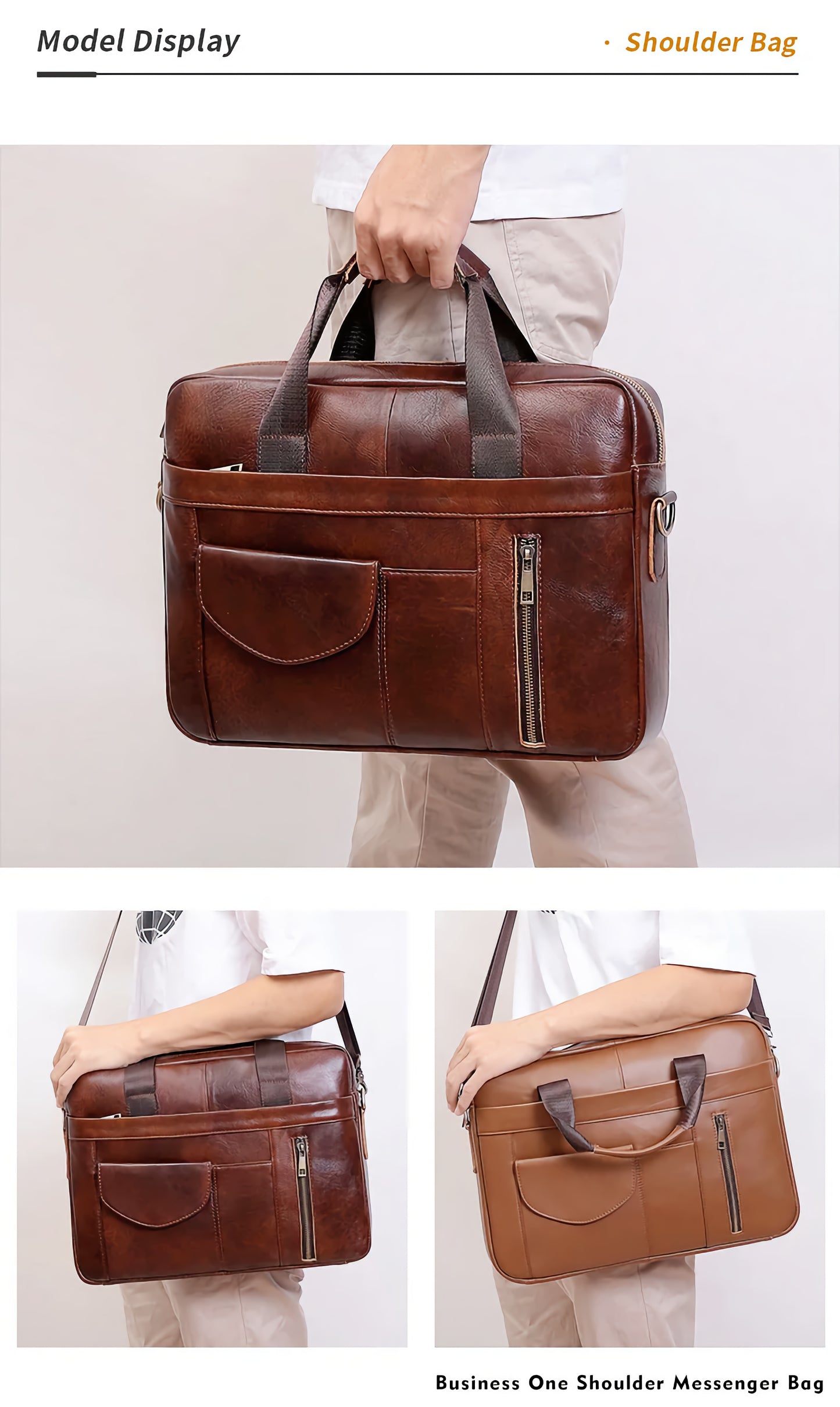 Genuine First Cowhide Leather Men's Briefcase, Shoulder Messenger, Laptop Bag