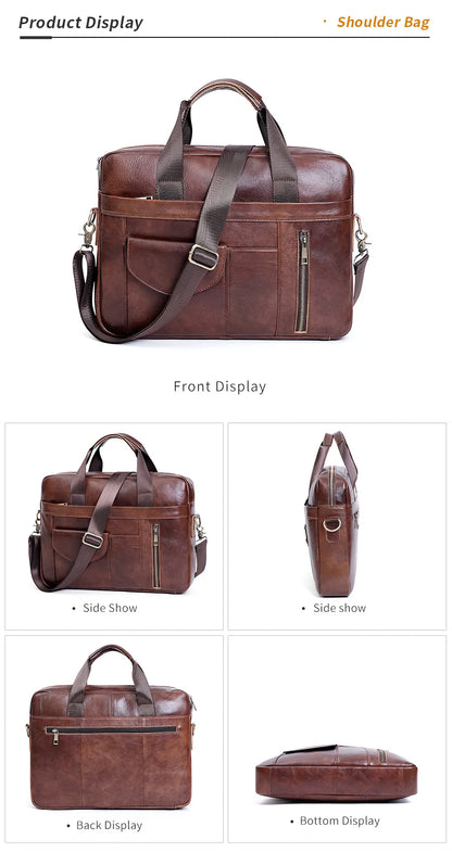 Genuine First Cowhide Leather Men's Briefcase, Shoulder Messenger, Laptop Bag